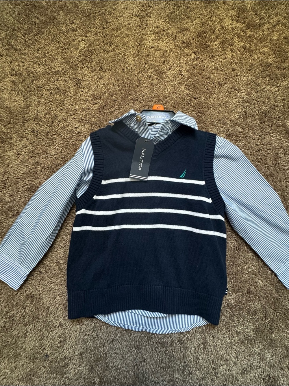 Nautica Navy V-Neck Sweater Vest with Stripes and Blue Button-up. 2T. NWT.